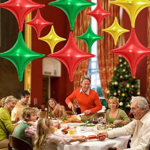 Image of Red Green Gold Star Balloons,12Pcs Four Angle Star Foil Balloons