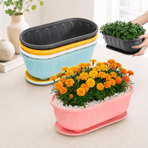 Image of Plastic Rectangle Round Corner Flower Pots with Drainage Hole Saucers Durable Outdoor Indoor Planters with Tray Plant Containers for Balcony, Garden, Home & Office (Set of 5 Multi)