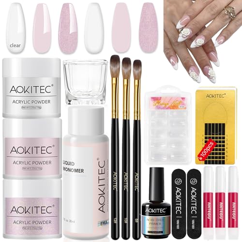 Aokitec Acryl Nagelset, Klar/ Lichtrosa/ Glitter Rosa Acrylpulver mit Acrylic Liquid Acrylpinsel Nail Tips Nagelkleber, Acrylgel für Nägel, Acryl Nägel Starterset, Acrylnägel Selber Machen