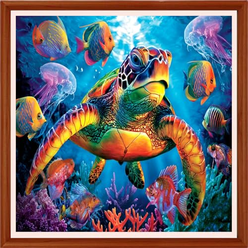 Image of Hopeart Stamped Cross Stitch Kits for Beginner Embroidery Kits for Beginners Adults DIY 11CT Cross Stitch Patterns Needlepoint Kits Crossstitching Kits-Underwater World Turtle 18x18 inchs
