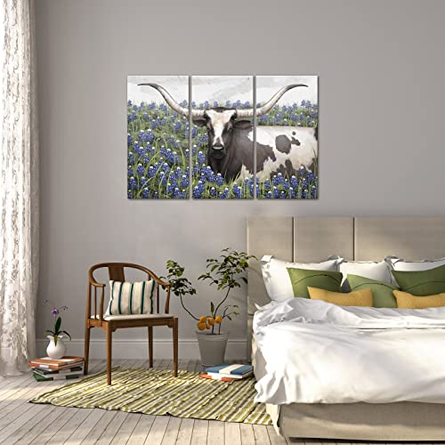 Welmeco Large Farmhouse Texas Longhorn Cow In Bluebonnet Flowers Painting Canvas Prints Wall Art Decor Retro Vintage Animal Picture Artwork For Home Office Living Room Decoration #TOP3