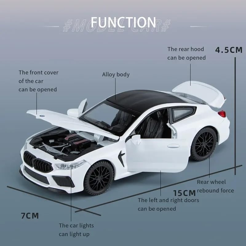 Image of WORSHIPER 1:32 B-M-W M8 Scale Alloy Diecast Sports Car Model with Sound & Light, Openable Doors & Hood, Pull Back Toy Car for Kids Boys, Collectible Mini Car Gift (1:32 B-M-W M8 - Blue Color)