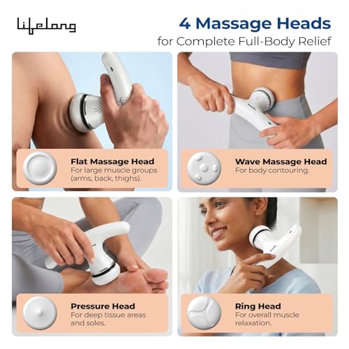 Image of Lifelong Flathead Massager | Rechargeable Body Massager for Pain Relief | 4 Special Heads for Targeted Therapy | 4 Speed Levels | Full Body Electric Percussion Massager for Adults & Children | White