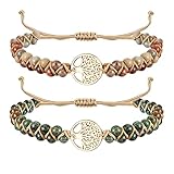 Dochais 2PCS Edelstein Perlen Armreifen Armband Damen,Damen Yoga Armband,Damen Armband Handgefertigt,Armband Baum des Lebens (Grün+Gold)