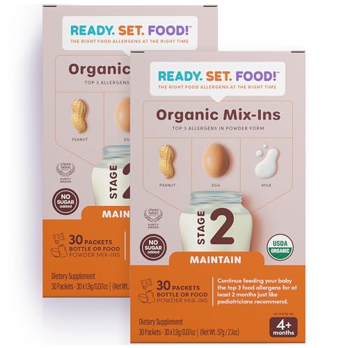 Image of Stage 2 Mix-ins – Safe & Easy Early Allergen Introduction for Babies 4+ Months, Mix with a Bottle or Baby Food, with 3 Top Allergens: Organic Peanuts, Milk & Eggs Ready, Set, Food! (60 Days)