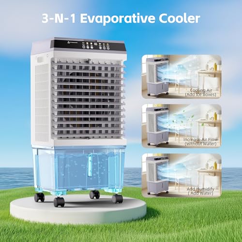 Image of AKIRES 1800CFM Swamp Cooler,3-IN-1 Evaporative Air Cooler with 5.3 Gal Water Tank,6 Ice Packs,Evaporative Cooler with 12H Timer,2 Modes,3 Speeds,120Oscillation,Cooling Fan for Indoor,Outdoor(31IN)