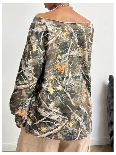 Women's Y2k Camo Shirt Tropical Graphic Off The Shoulder Sweatshirt Oversized T Shirts Long Sleeve Camouflage Tee Top2