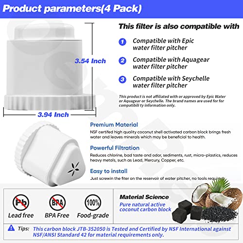 4Pack Replacement Filter for EPIC Water Filter Pitcher, Water Filter Pitcher Compatible with Aquagear Seychelle, BPA Free. Removes Fluoride, Chlorine, Lead, Odors