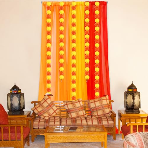 Image of Indian Pooja Backdrop Decoration Items 7x5ft Diwali Backdrop 5 Artificial Marigold Garland Set Mehndi Home Decorations for Janmashtami, Varalakshmi, Haldi, Puja, Ganesha Party Decor