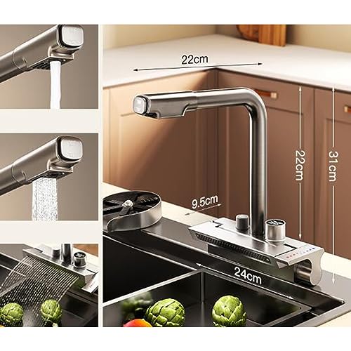 Robinet cuisine extensible gris anti-brûlure à affichage numérique