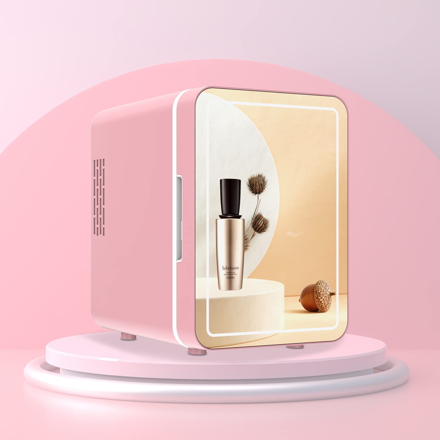 Olvy Kosmetik Kühlschrank 4 Liter, Tragbarer Mini Kühlschrank mit LED Spiegel, Klein Skincare Fridge, Kühl und Heiß für Zimmer, Rosa