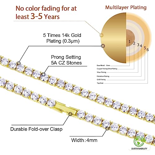 Krkc&Co Tennis Chain For Men, 14K Gold Chain For Men, Iced Out Chains Prong-Setting 5A Cubic Zirconia Stones Tennis Necklace, Hip Hop Jewelry For Rappers 3Mm 4Mm 5Mm 6Mm, 18 20 22 24 Inches #TOP3