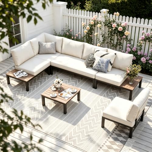 PHI VILLA 6 Seater Metal Garden Furniture Sets L Shaped Modular Outdoor Corner Sofa Set All Weather for Patio with Cushions and Coffee Table Beige-Gray