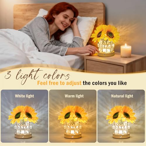 Image of Sunflower Lamp, Rechargeable Flower Night Light with Cordless Touch Control | 3 color modes with adjustable brightness for bedrooms, offices and home decor. Great gift for women, moms & teachers