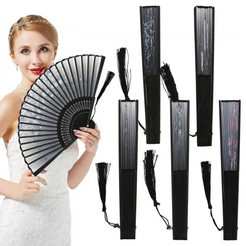 5 Pack Hand Fan Folding, Chinese Bamboo Handheld Fans with Tassel for Wedding, Gift, Dancing Performance, Home Decoration