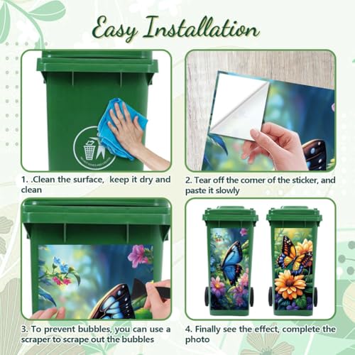 Image of Peacoblue Wheelie Bin Stickers 2 Sheets Butterfly and Flowers Sticky Dustbin Stickers Decals, 15 inch x 32 inch Waterproof Large Wraps for Trash Cans Bins Fridges Door Wall Garden Outdoor Indoor Patio Decor