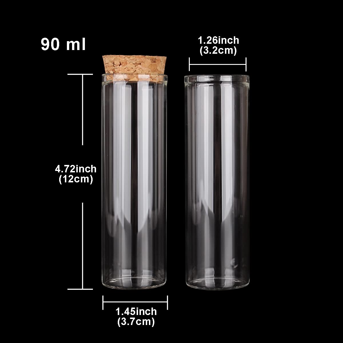 Szklane probówki z pokrywkami, Opakowanie 15 probówek szklanych o pojemności 90 ml i wymiarach 3 uncje, 37 mm x 120 mm, z korkiem, przezroczystych