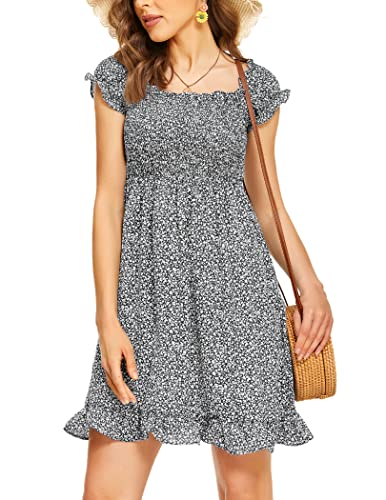 Beyove Femme Robe Été Élégant Jupe Plissée Robe Manches Courtes Imprimé Floral Décontracté Mini Dress Casual Smock, Noir, L