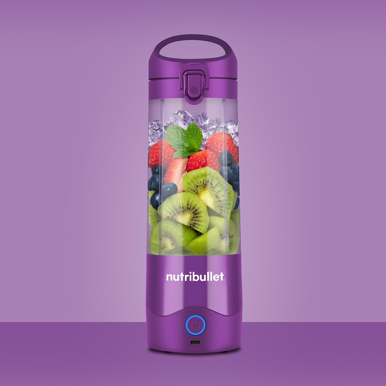 nutribullet Przenośny blender 60 W w kolorze fioletowym – wydajne ostrze ekstraktora, kubek 590 ml, pokrywka na wynos, kabel do ładowania USB-C i instrukcja obsługi – zapewnia ponad 15 cykli mieszania