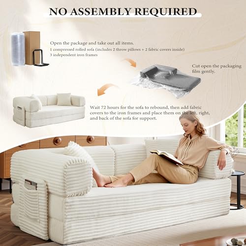 Image of Boneless Couch Futon Sofa Bed Sectional Couches for Living Room,Cloud Couch with Sleeper Sofa,Sofas for Living Room Oversized Corduroy Upholstered (White, 81 Inches (with Iron Frame))