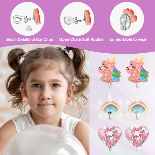 Unicorn Clip On Earrings with Gift Box for Little Girls, Bling Rainbow and Butterfly Earrings, Toddler Princess Costume Jewelry Party Favors Gift for Dress up Pretend Play (3-8 Years)4