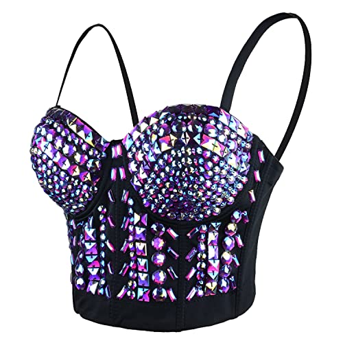 ELLACCI Women's Sexy Rhinestone Bustier Crop Top Club Party Glitter Corset Top Bra Purple