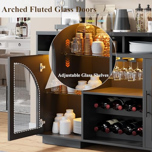 Sideboard Buffet Cabinet, 54" Kitchen Cabinet with LED Lights & Arched Glass Doors, Tall Bar Cabinets with 2 Adjustable Shelves, Wine Rack & Storage Table for Dining Room, Black - Image 5