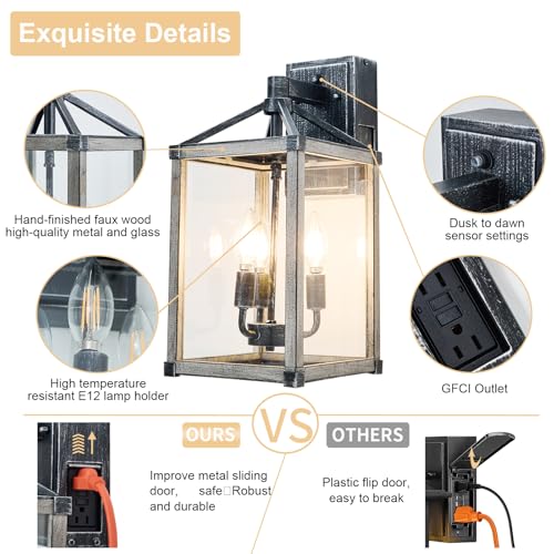 3-Light Extra Large Outdoor Wall Lights, Dusk to Dawn Outdoor Porch Light with GFCI Outlet, Retro Exterior Lights with Clear Glass Front Porch Lanterns, Outdoor Wall Sconce Lighting, Outside Lights by Ejerlya - Used condition - Image 7