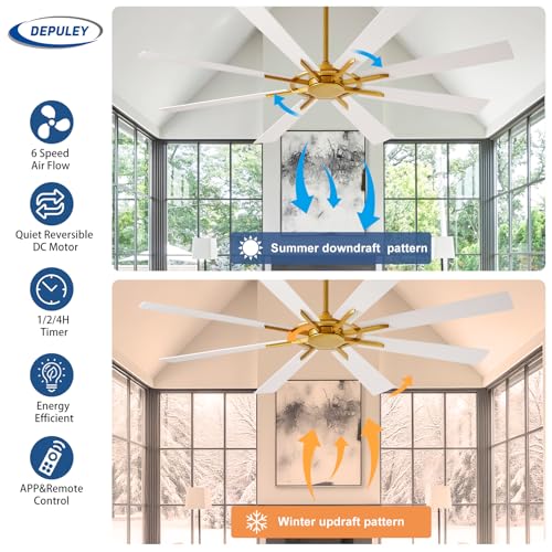 Image of Depuley Ceiling Fan Without Light: 72 Inch Big Indoor Outdoor Fan with Remote APP Control - Brass White Large Ceiling Fan no Light 8 Blade Reversible Quiet DC Motor Memory Function Timer