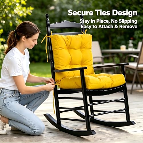 Image of QILLOWAY Outdoor Chair Cushion for Patio Furniture, Waterproof Patio Cushions with Ties, Fade Resistant Replacement Pads for Outdoor Rocking Chairs,Yellow