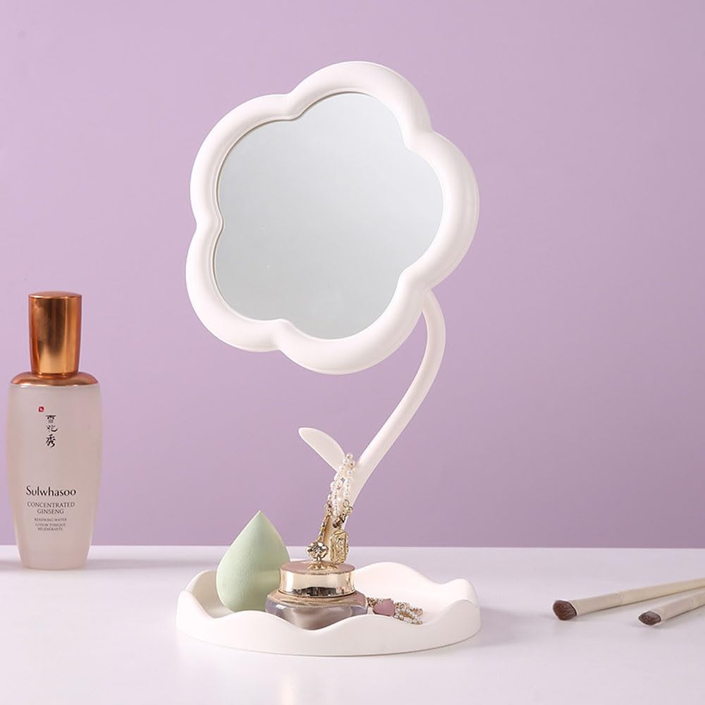 Hosoncovy Desktop Mirror with Stand - Flower Shaped Countertop Makeup Vanity Mirror - Decorative (White), 29.5L x 16.5W cm