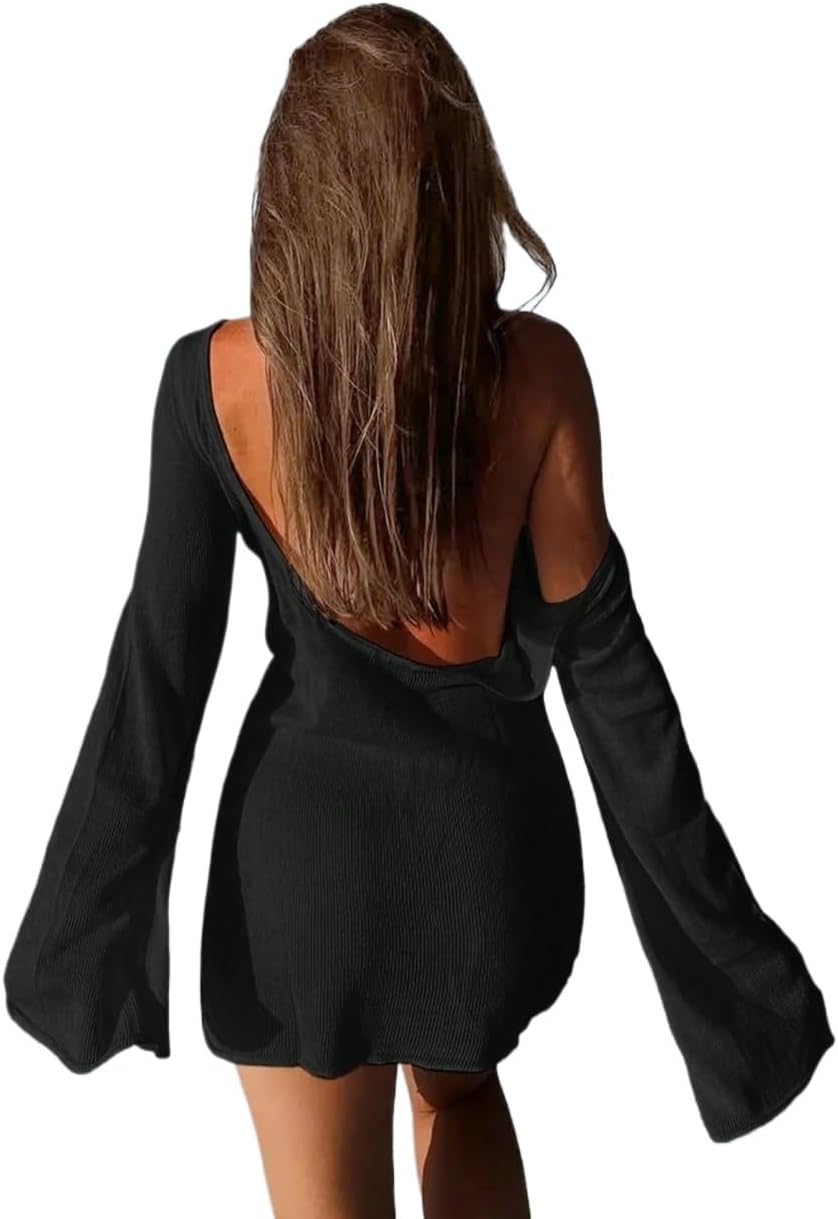 Women's Sexy Beach Sleeve Backless Solid Cover Up Short Mini Dress, Spring/Summer cover ups for swimwear