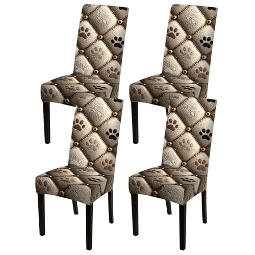 Image of Nuxovilar Beige Paw Print Quilted Stretch 23.6x70in 4PCS Chair Covers | Stretch Slipcover Pet Protector Quilted Wrap Seat Guard Dining Room Family Kitchen Dog Cafe (Beige Paw)