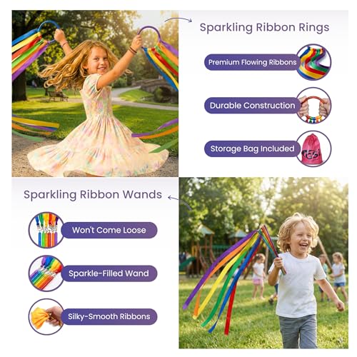 Image of GSi Ribbon Wands & Rings for Kids - Dance Ribbon Streamers with Sparkle Design & Rainbow Ribbons - Perfect for Toddlers, Preschool, Gymnastics, PE, Birthday Parties - Ages 2-12