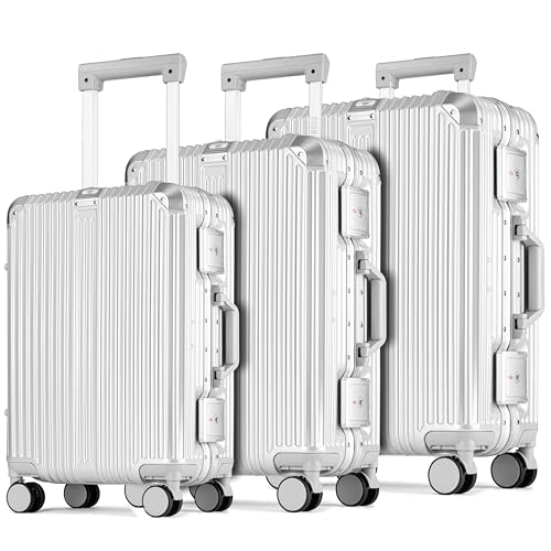 POSH Maleta rígida de policarbonato con marco de aluminio – Maleta de viaje de aluminio: equipaje de mano, tamaño mediano – Carros con doble cierre TSA y 3 fundas protectoras, plata, CONJUNTO, Maletín