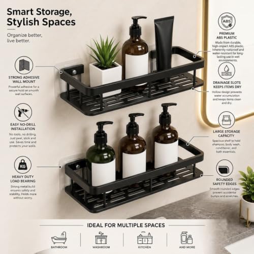 Image of MorivaHomes Self-Adhesive Bathroom Shelf for Wall Shelf Organizer Wall Mounted Bathroom Shelves Rack Holder Stand for Bathroom Accessories Organiser Without Drill (Black, Pack of 2)