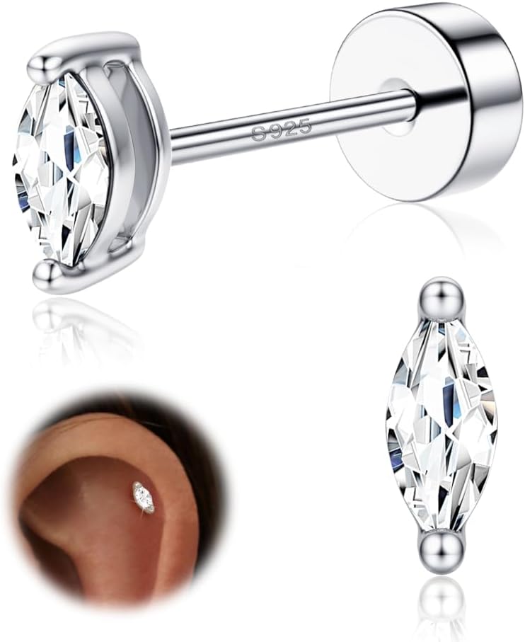 LOYALLOOK 925 Sterling Silver Flat Back Stud Earrings for Women Hypoallergenic | 14K Gold Plated Cartilage Earrings for Sensitive Ears | Leaf Flower CZ Helix Tragus Piercing Jewelry