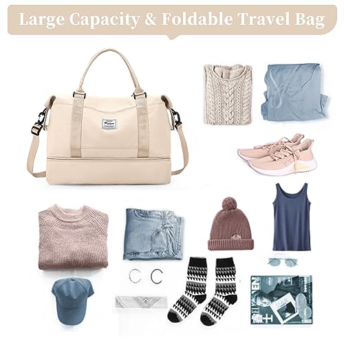 SYCNB Weekender Bags for Women,Personal Item Travel Bag with Shoes Compartment,Overnight Travel Duffel Bag,Gym Bag,Beige3
