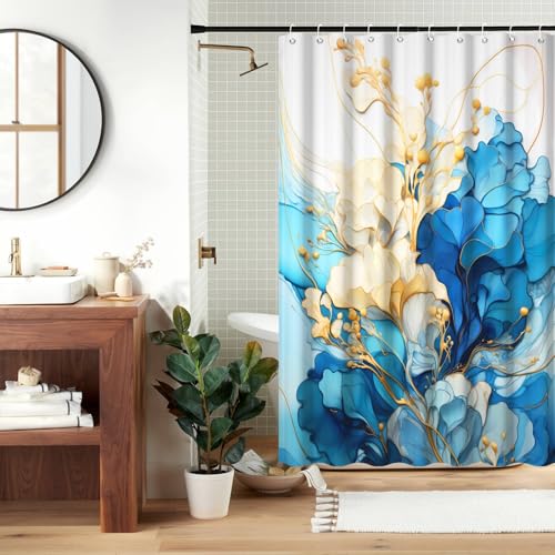 Uiiooazy Light Blue Flowers Shower Curtain for Bathroom Navy Blue White Marble Shower Curtain Set with Hooks Abstract Yellow Floral Bathtub Decor Waterproof Fabric Curtains 60x72inches by Uiiooazy - Used condition - Image 2