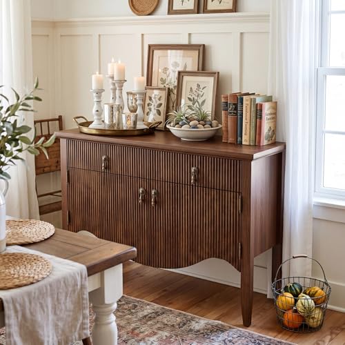 Image of FUSUNBAO 40 inch Fluted Buffet Cabinet, Sideboard Credenza with Drawer,Walnut | Retro,Storage Cabinet,Fluted Sideboard Credenza, 2 Drawer, Accent Bar Cabinet, For Living Room, Dining Room, Entryway