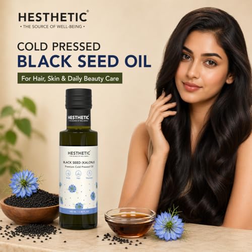 Image of HESTHETIC Cold Pressed Black Seed Oil 100ml for Hair, Skin & Scalp | Pure Kalonji (Nigella Sativa) Beauty Oil - Thymoquinone Rich | Glass Bottle | Pre-Wash Ritual & Facial Massage Use
