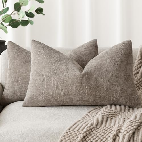 Foindtower Set of 2 Textured Chenille Throw Decorative Pillow Covers Square Accent Solid Cushion Cover Neutral Farmhouse Lumbar Pillow Case for Couch Sofa Bedroom Living Room 12x20 Inch,Light Taupe
