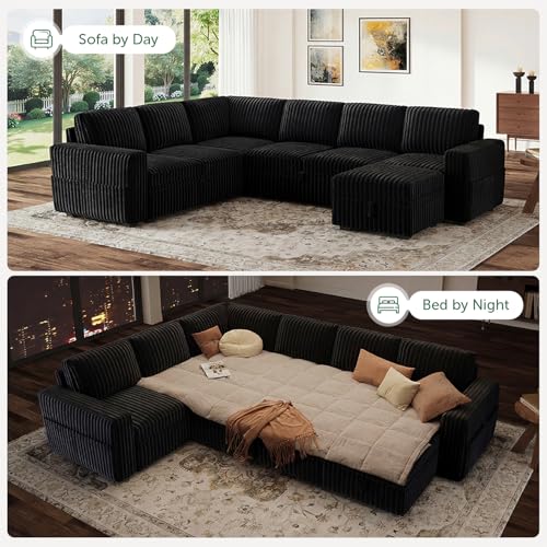 Image of HONBAY Modular Sectional Sleeper Sofa with Pull Out Bed,Corduroy U Shaped Couch with Storage, Sectional Couches for Living Room,Black