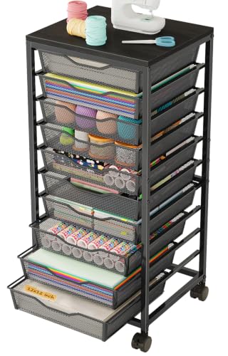 Image of 10-Drawer Rolling Storage Cart, Craft Organizers and Storage, Black | 12x12 Inch Storage Drawers for Scrapbook Paper,Classroom,Craft,Bathroom,Teacher,Office,Art,Metal Organizer Cart with wheels