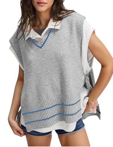 Image of Women's V Neck Sweater Vest Loose Knit Sleeveless Poncho Side Binding Fringe Pullover Tank Tops