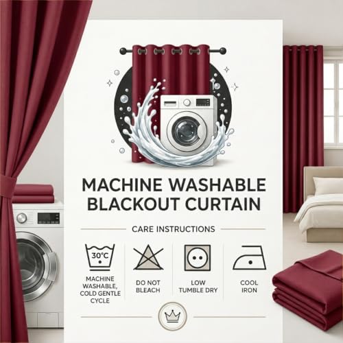Image of 100% Blackout Window Curtains, 7 Feet, Solid Design, Faux Silk, Thermal Insulated, Noise Reducing Eyelet Door Curtain with Tie Back for Living Room & Bedroom, 115x210cm, Pack of 2 - Maroon