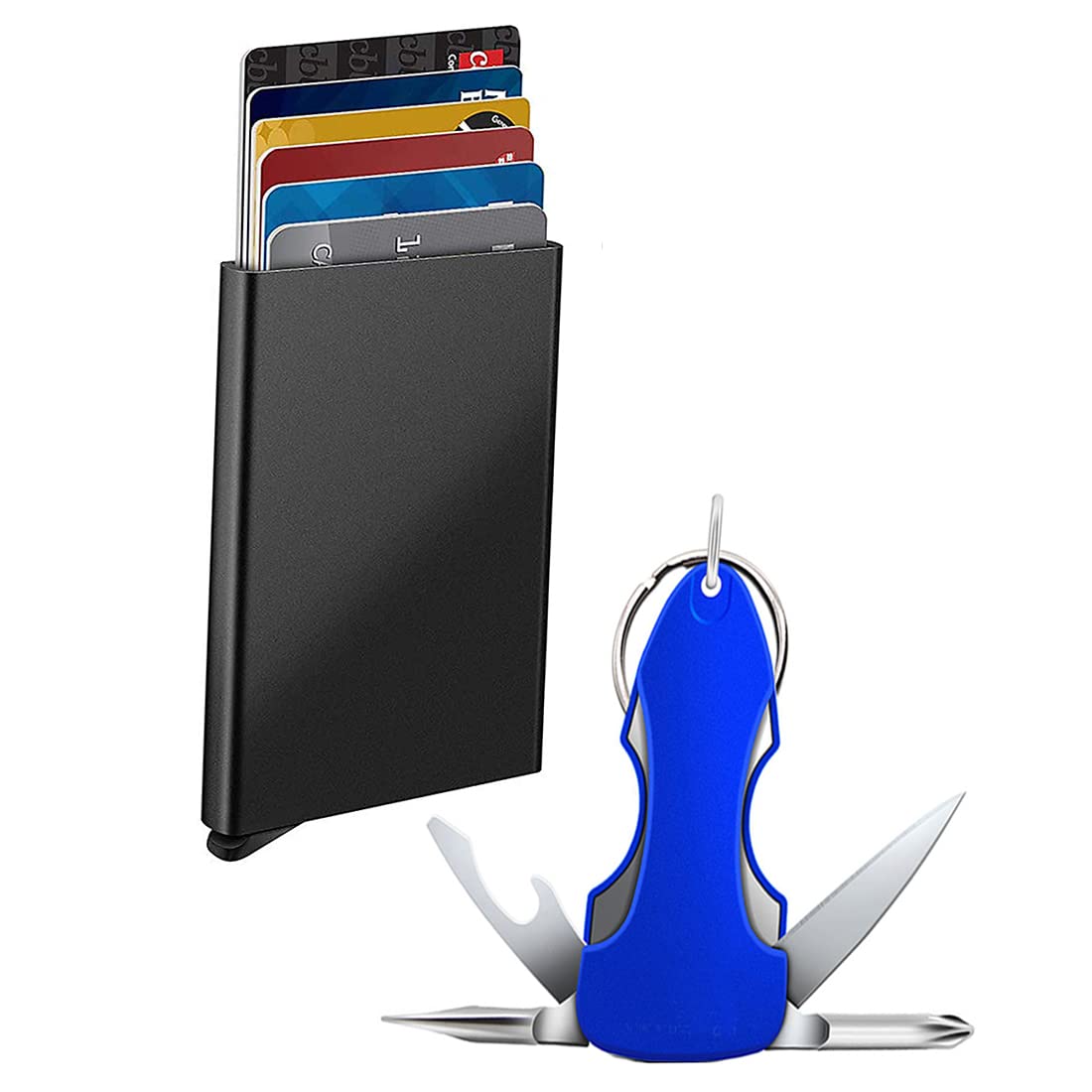 stealodeal Black Pop-up Aluminium Debit/Credit Card Holder with Blue Mutlitool Metal Keychain Unisex (Combo of 2)-picture-31