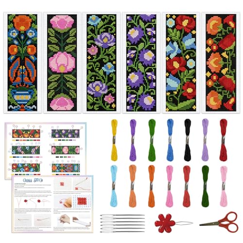 Image of ACRNIGHEET 6PCS Cross Stitch Kits Stamped Cross Stitch Bookmark Kit for Beginner Adults Easy Flower DIY Embroidery Bookmark Kit Needlepoint Kits with Instructions Book Lovers Craft Gift 8.5''x3'' 11CT