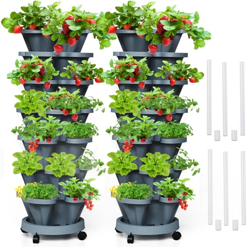 Tectsia 7 Tiered Strawberry Vertical Planters Tower Garden 2 Pack, Stacking Herb Vegetable Planter with Support Pole Indoor and Outdoor - Dark Grey