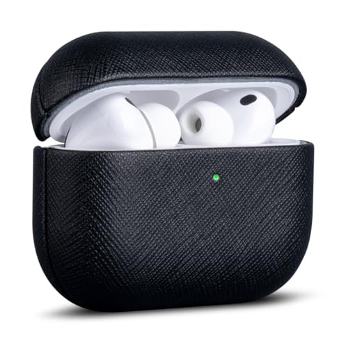 Image of Haobobro Handmade Case - for AirPods Pro 3 Case Cover - Premium Vegan Leather with Cross-Grain Texture, Wireless Charging Compatible, Drop Protective Hard Cover for AirPods Pro 3rd Generation - Black
